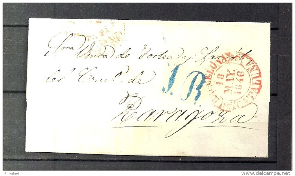 1846 BARCELONA, ENVUELTA CIRCULADA A ZARAGOZA, FECHADOR BAEZA Y PORTEO EN AZUL. - ...-1850 Prefilatelia