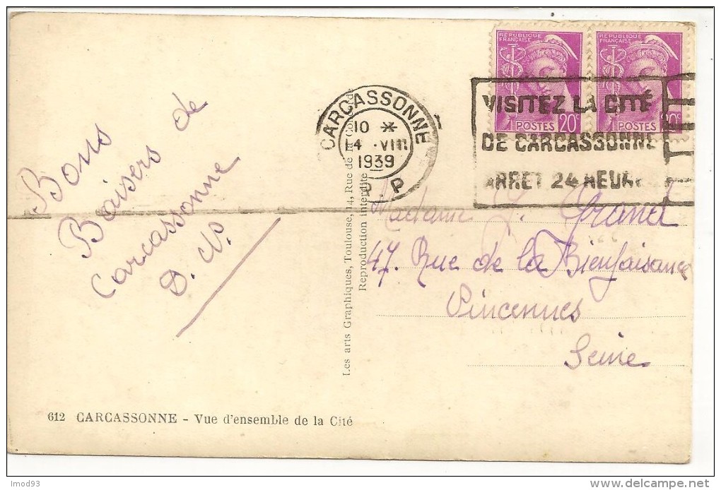 11 - CARCASSONNE - Vue D'ensemble De La Cité - éd. Les Arts Graphiques N° 612 - 1939 - Carcassonne
