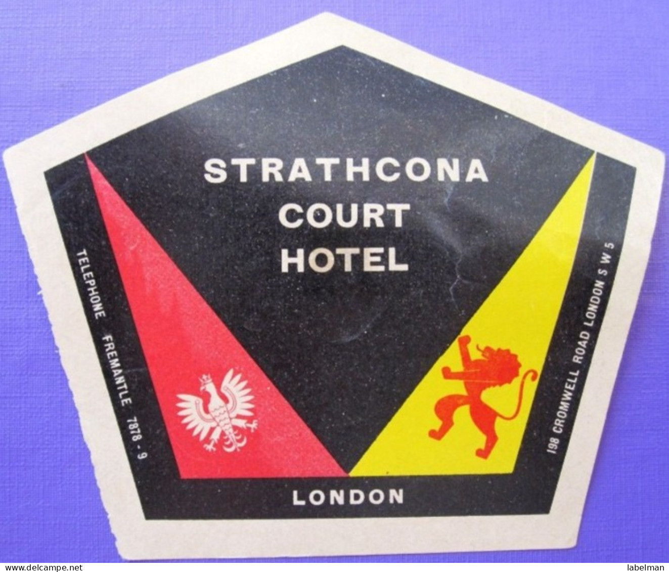 HOTEL PENSION MOTOR STRATHCONA COURT LONDON UK ENGLAND GREAT BRITAIN STICKER DECAL LUGGAGE LABEL ETIQUETTE AUFKLEBER - Hotel Labels