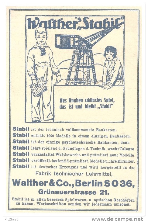 Original Werbung - 1925 - Walther Stabil Baukasten , Walther & Co In Berlin , Spielzeug !!! - Andere & Zonder Classificatie