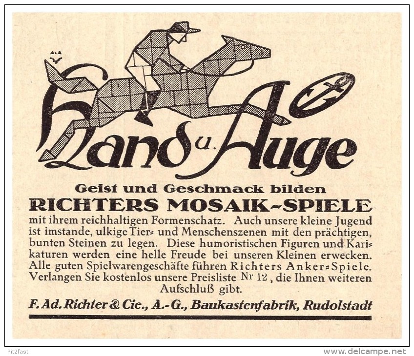 Original Werbung - 1925 - Mosaik , Ad. Richter & Cie , Baukastenfabrik In Rudolstadt , Spielzeug !!! - Antikspielzeug