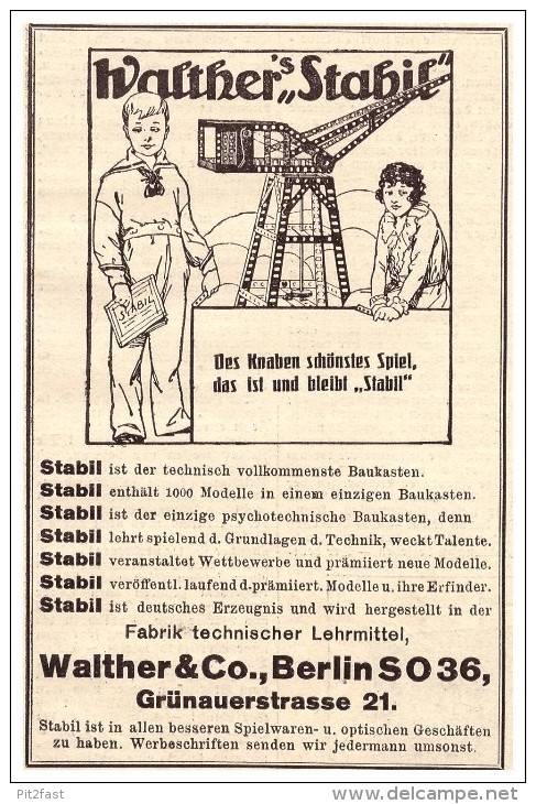 Original Werbung - 1925 - Walther Stabil Baukasten , Walther & Co In Berlin , Spielzeug !!! - Sonstige & Ohne Zuordnung