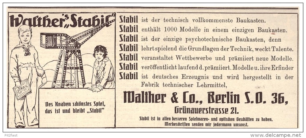 Original Werbung - 1925 - Walther Stabil Baukasten , Walther & Co In Berlin , Spielzeug !!! - Autres & Non Classés