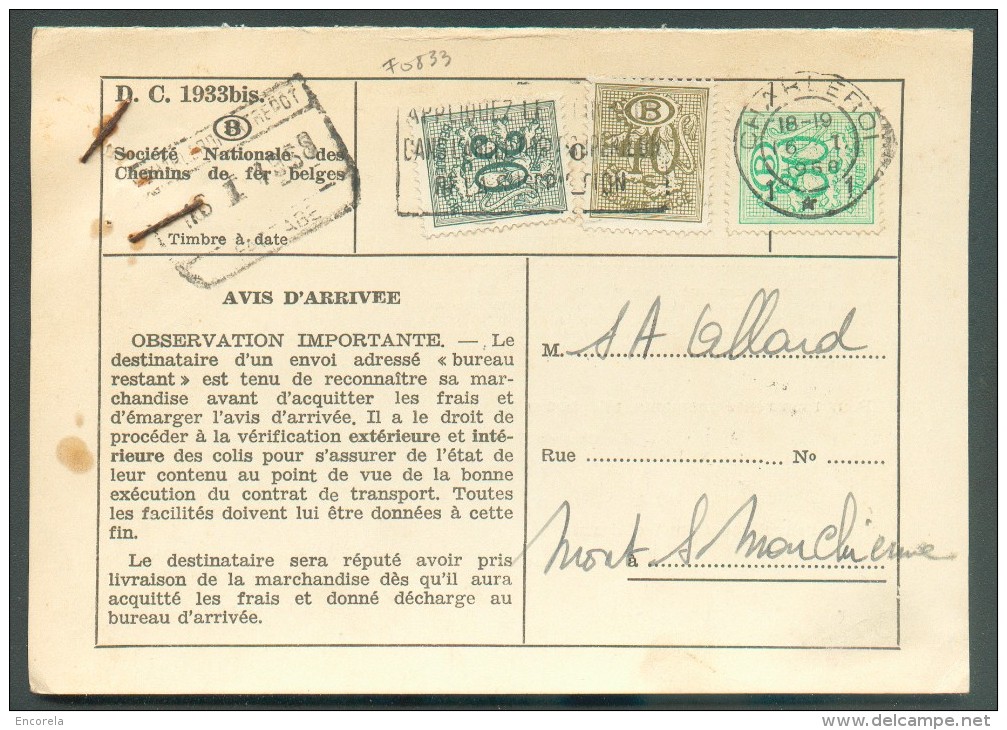 Service N°50-54 En Affranchissment Mixte (RARE) Avec Poste N°1027  Obl. Dc CHARLEROI 1  Sur Carte De La SNCB  Du 16-1-19 - Andere & Zonder Classificatie