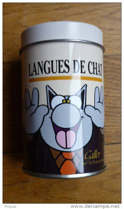 RARE BOITE RONDE EN METAL Fer Blanc DE CHOCOLATS LE CHAT DE GELÜCK GALLER Petit Format 42g Fond Crème - Art De La Table