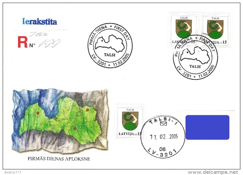 Latvia Lettland Lettonie 2005 (02) Coat Of Arms - Aluksne, Talsi, Jekabpils (set Of 3 Addressed FDC) - Latvia