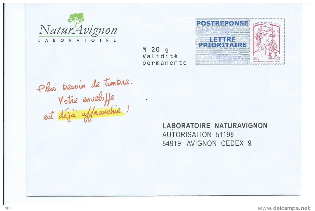 Entiers Postaux : Enveloppe Réponse Type Ciappa -Kavena Naturavignon 14P277 37 38 39 40 /54/4/14/*3* NF 316/12 ** - PAP : Antwoord /Ciappa-Kavena