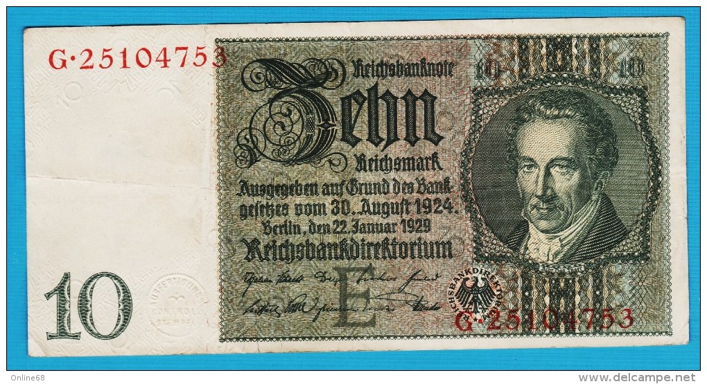 DEUTSCHES REICH 10 REICHSMARK 22.01.1929   Letter E  Serial#  G 25104753 P#180a - 10 Mark