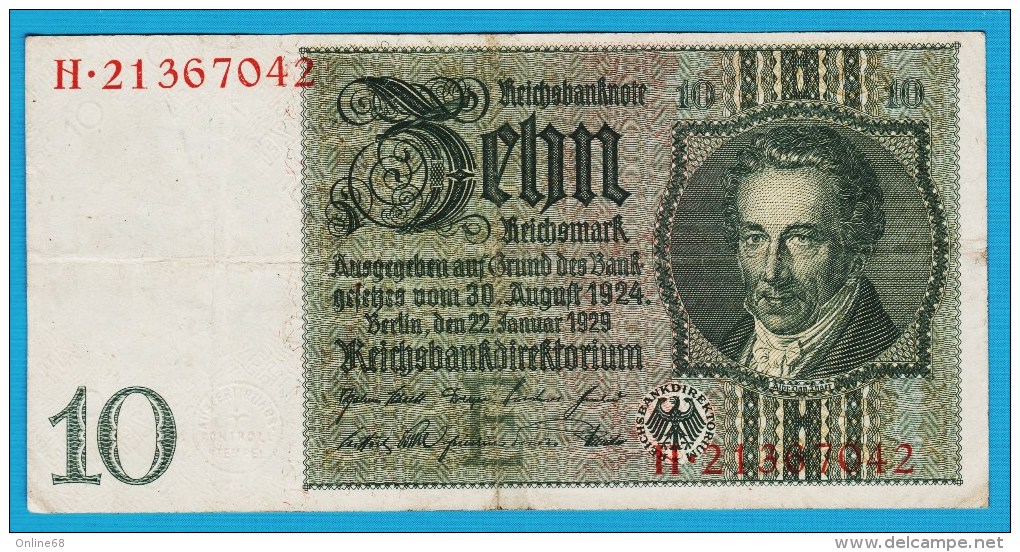 DEUTSCHES REICH 10 REICHSMARK 22.01.1929   Letter E  Serial#  H 21367042 P#180a - 10 Mark