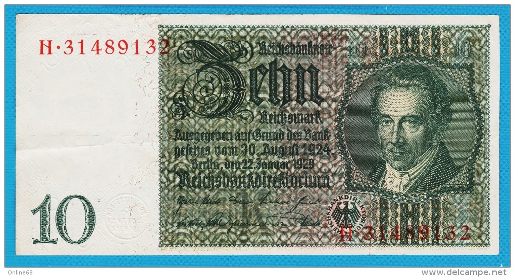 DEUTSCHES REICH 10 REICHSMARK 22.01.1929  Letter K  Serial#  H 31489132 P#180a - 10 Mark