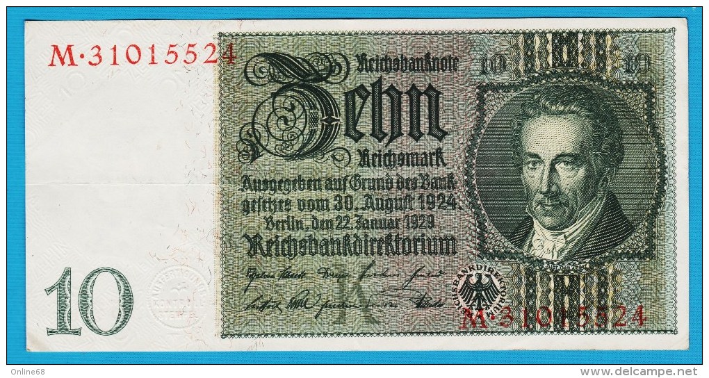 DEUTSCHES REICH 10 REICHSMARK 22.01.1929   Letter K  Serial#  M 31015524 P#180a - 10 Mark