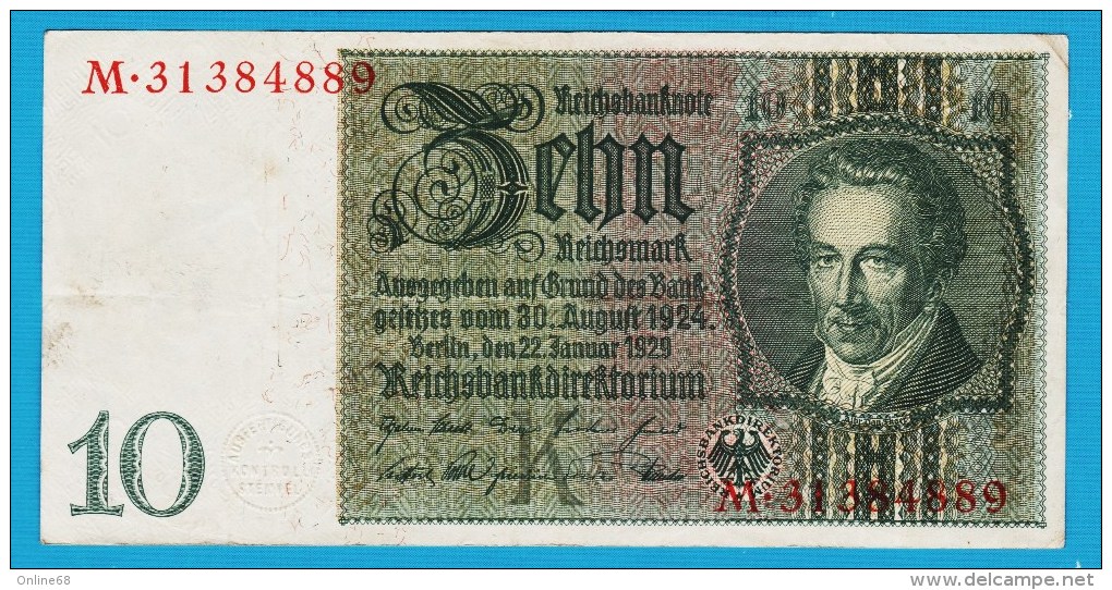 DEUTSCHES REICH 10 REICHSMARK 22.01.1929  Letter K  Serial#  M 31384889  P#180a - 10 Mark