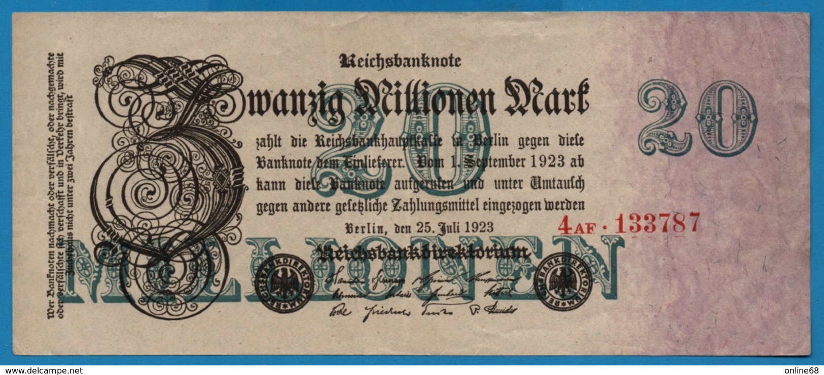 DEUTSCHES REICH 	20 Millionen Mark 	25.07.1923	#  4AF.133787  P#97b - 20 Mio. Mark