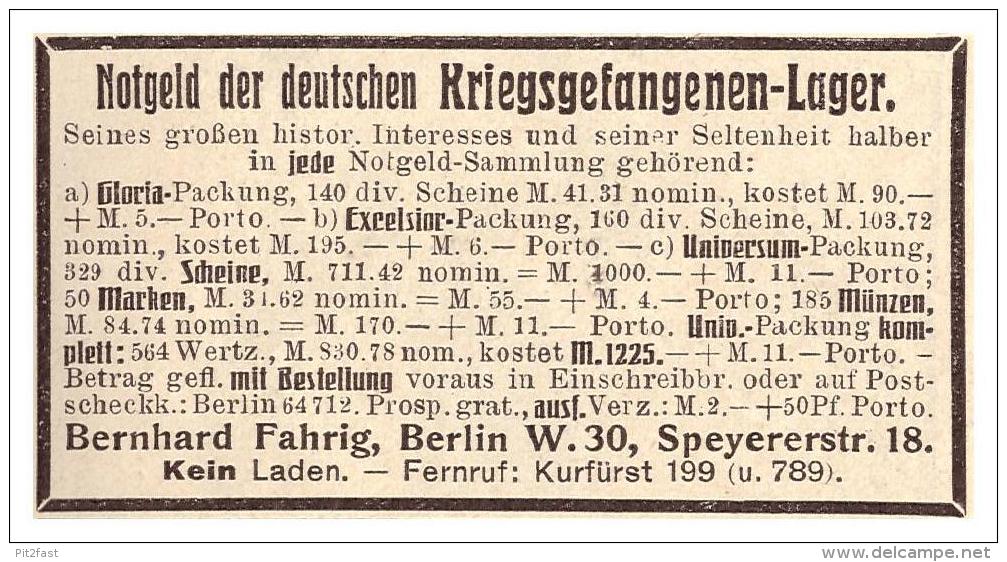 Original Werbung - 1925 - Notgeld Der Deutschen Kriegsgefangenenlager , B. Fahrig In Berlin !!! - Colecciones