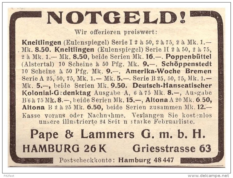 Original Werbung - 1925 - Notgeld , Pape & Lammers GmbH In Hamburg , Griesstrasse !!! - Sammlungen