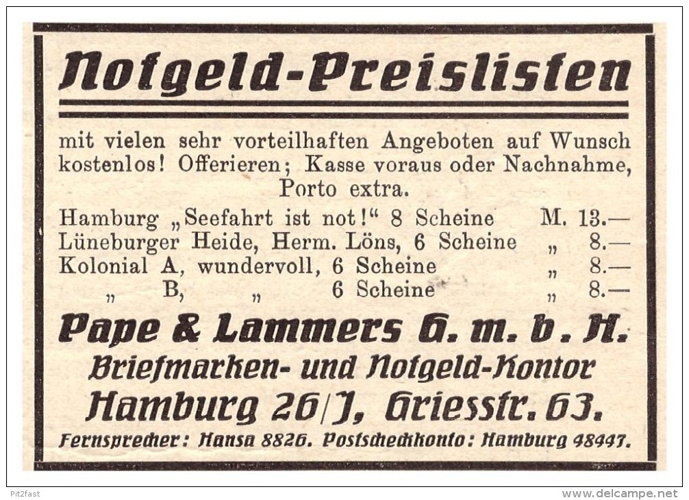 Original Werbung - 1925 - Notgeld , Pape & Lammers GmbH In Hamburg , Briefmarken , Griesstrasse !!! - Collezioni