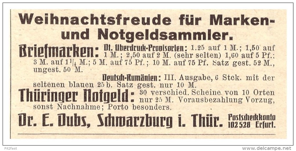 Original Werbung - 1925 - Notgeld , Briefmarken , Dr. Dubs In Schwarzburg I. Thüringen , Erfurt , Philatelie !!! - Collections