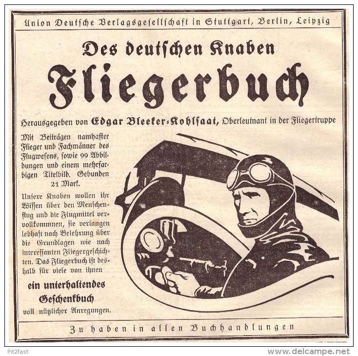 Original Werbung - 1925 - Des Deutschen Knaben FLIEGERBUCH , Edgar Bleeker-Kohlsaat , Oberleutnant , Flieger !!! - Luchtvaart