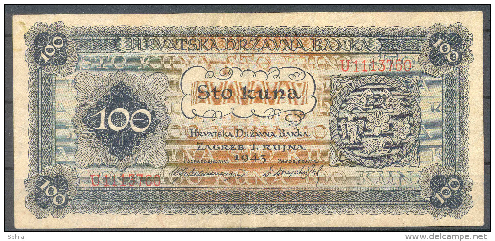 Croatia – NDH 100 Kuna 1943 Very Fine; P 11 - Kroatien