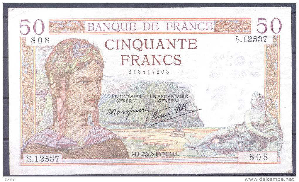 France 50 Francs 1940 Cérès (22-2-1940) Very Fine; P 85b - 50 F 1934-1940 ''Cérès''