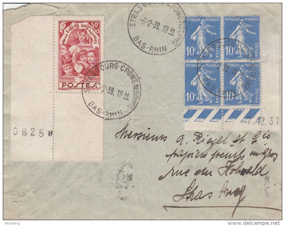 Env Affr. Y&T 379 X 4 (coin Daté) + 312 Obl STRASBOURG CRONENBOURG Du 8.2.39 - Cachet Autoplan - Covers & Documents