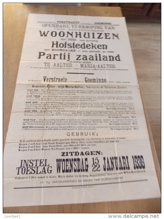 Affiche Openbare Verkoping Woonhuis & Hofstede Ste Maria Aalter - Notaris Verstraete Lotenhulle & Goeminne 1936 - Affiches