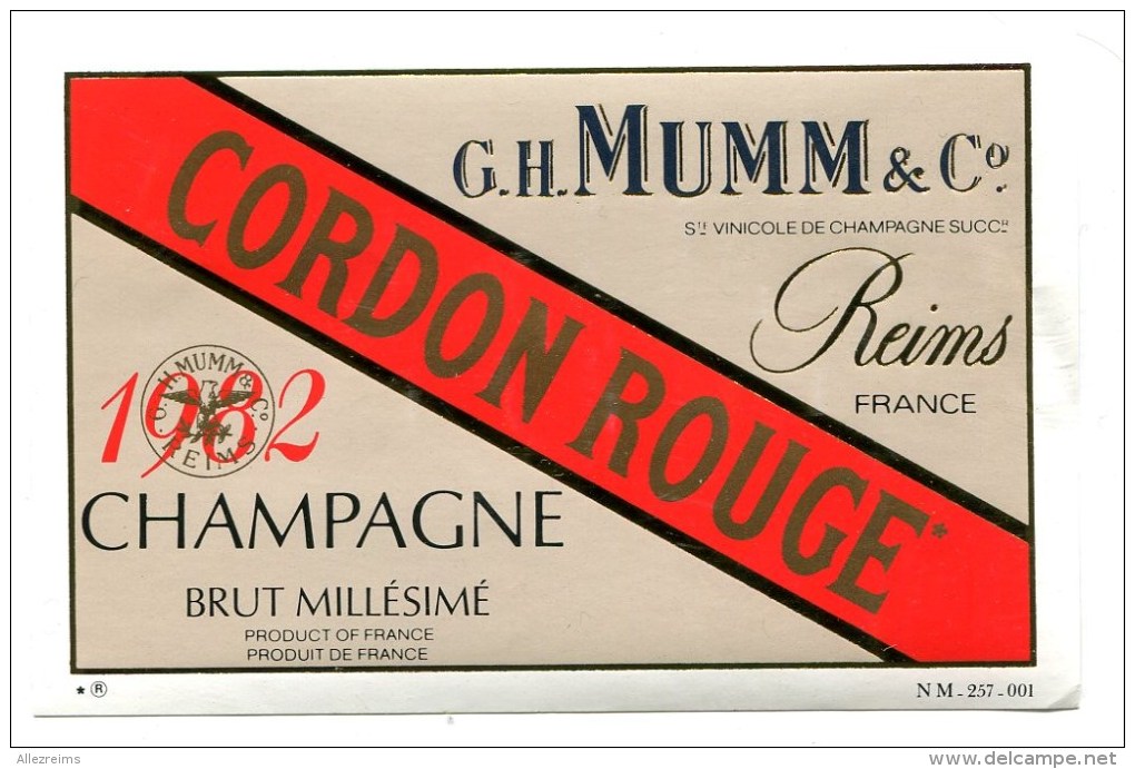 Etiquette Champagne  MUMM  Reims  Cordon Rouge 1982  A  VOIR  !!!!!!! - Other & Unclassified