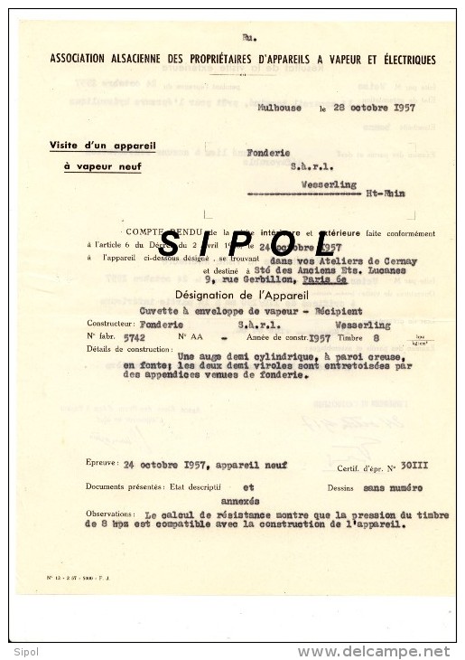 Assoc. Alsacienne Des Propriétaires D Appareils A Vapeur Et électriques Visite D Un Appareil à Vapeur Neuf 28/10/1957 - Matériel Et Accessoires