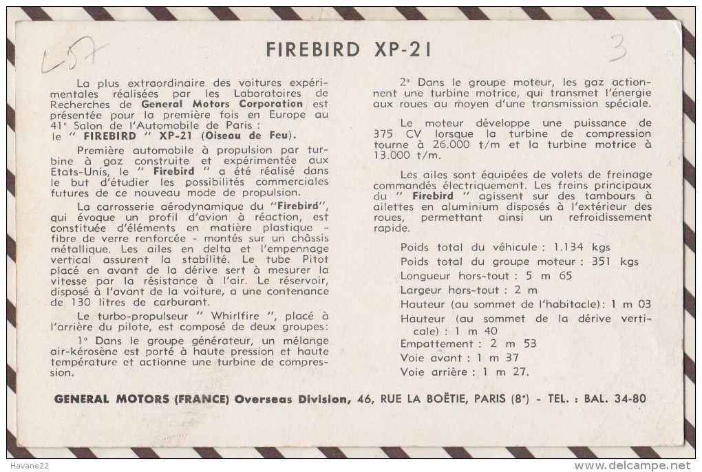 L57 AUTOMOBILE FIREBIRD XP 21 GENERAL MOTORS - Autres & Non Classés