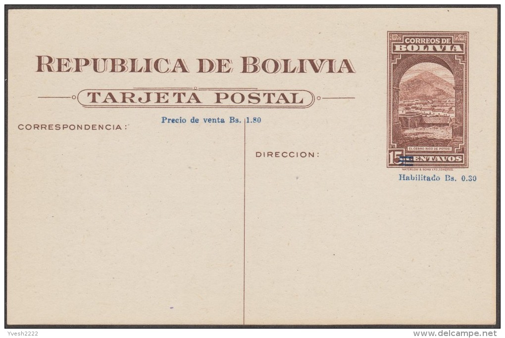 Bolivie 1945. Entier Postal Officiel.  Casa De La Moneda. Potosí, Hôtel De La Monnaie De Bolivie - Monnaies