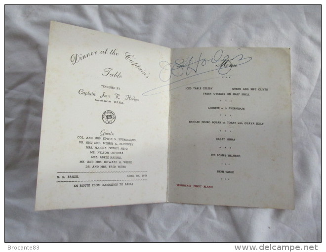 Menu Du S.S. BRAZIL DU 9 AVRIL 1954 CIE MOORE MC CORMACK LINES - Other & Unclassified