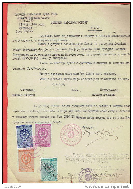 DOCUMENT 1948 DE L AMBASSADE DE LA REPUBLIQUE FEDERATIVE POPULAIRE DE YOUGOSLAVIE 5 TIMBRES TAXE TEXTE RUSSE URSS RUSSIE - Impuestos