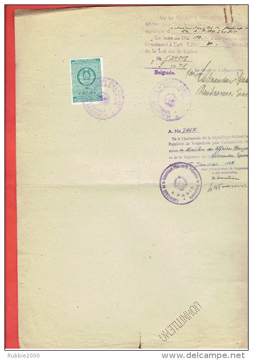 DOCUMENT 1948 DE L AMBASSADE DE LA REPUBLIQUE FEDERATIVE POPULAIRE DE YOUGOSLAVIE 5 TIMBRES TAXE TEXTE RUSSE URSS RUSSIE - Impuestos