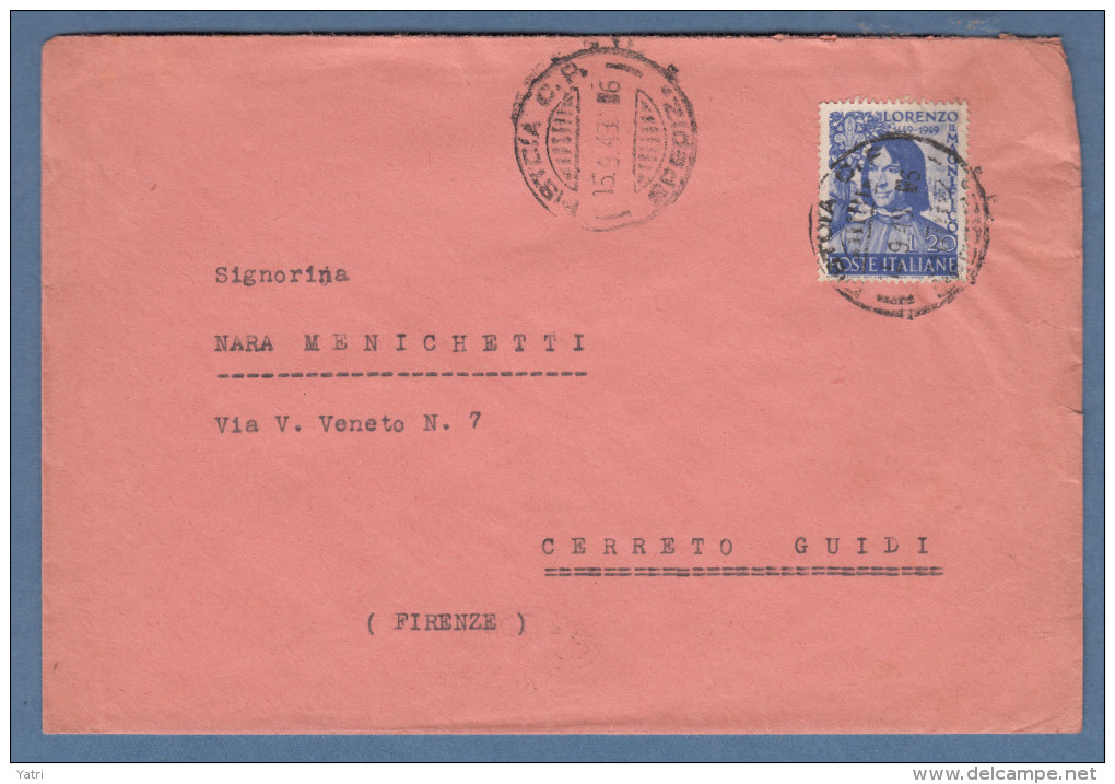 Italia 1949 - Lorenzo De Medici 20 Lire Isolato Su Lettera - 1946-60: Storia Postale