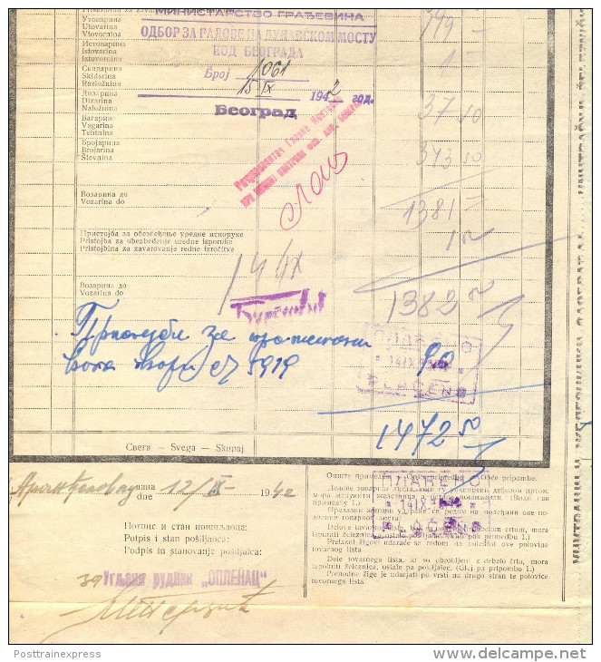 Serbia. II WW. German Ocupation 1942. The Arandjelovac-Oplenac Brown Coal Mine Waybill To Belgrad. - Serbia