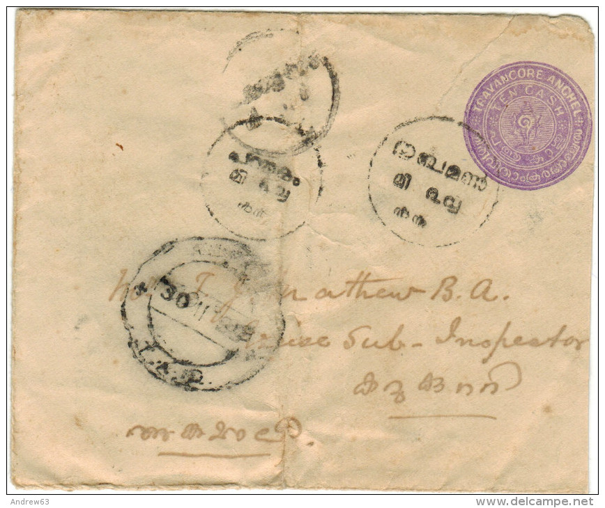 INDIA - Travanchore Anchel - Ten Cash - Intero Postale - Entier Postal - Postal Stationery - Viaggiata - Travancore