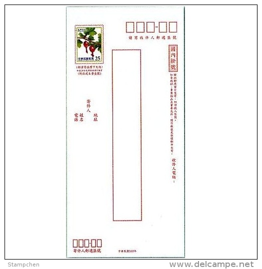 Taiwan 2014 Pre-stamp Domestic Registered Cover Berry Plant Fruit Postal Stationary - Interi Postali