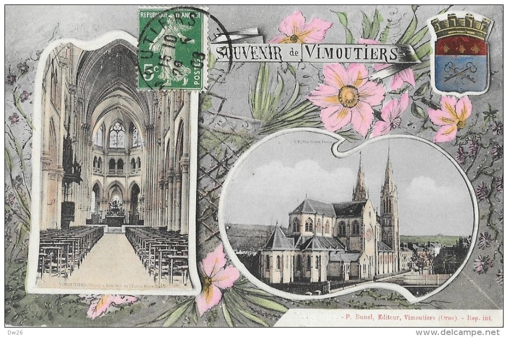 Souvenir De Vimoutiers (Orne) - Multivues (2 Vues) Eglise Notre-Dame + Blason - Edition P. Bunel - Souvenir De...