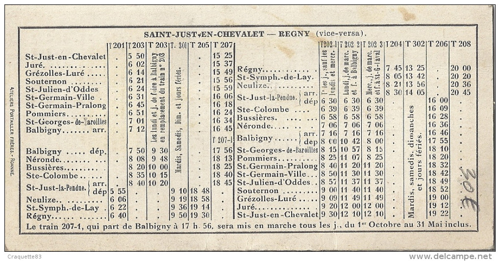 HORAIRE DES CHEMINS DE FER P.L.M. ET DE LA REGIE DES CHEMINS DE FER. DEPARTEMENTAUX DE LA LOIRE-SERVICE HIVER 1933.34 - Europe