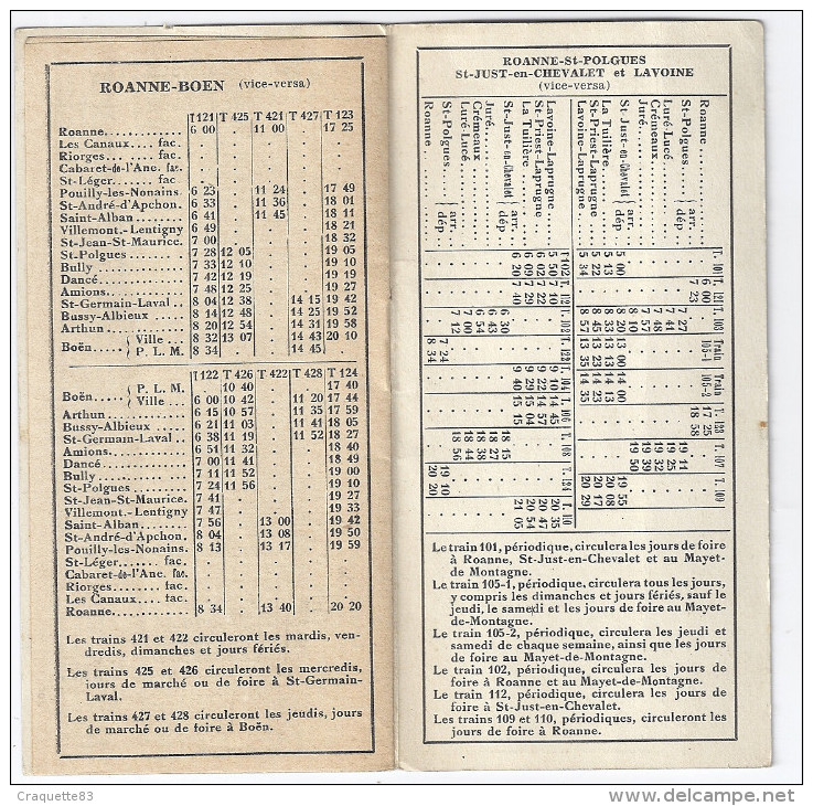 HORAIRE DES CHEMINS DE FER P.L.M. ET DE LA REGIE DES CHEMINS DE FER. DEPARTEMENTAUX DE LA LOIRE-SERVICE HIVER 1933.34 - Europe