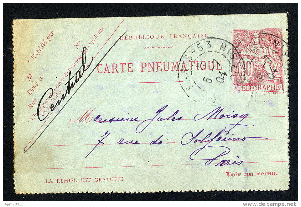 FRANCE Y&T OBL   1904 Entier Pneumatique Chaplain 30c - Paris 53 - Pneumatic Post