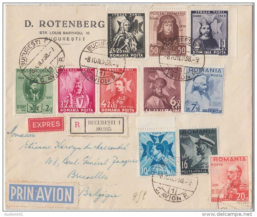 24255 Accession 8. Anniversary Romanian Princes 1938 Set On FDC 8 June Airmail Expres R-cover To Ixelles, Belgium - GF - Lettres & Documents