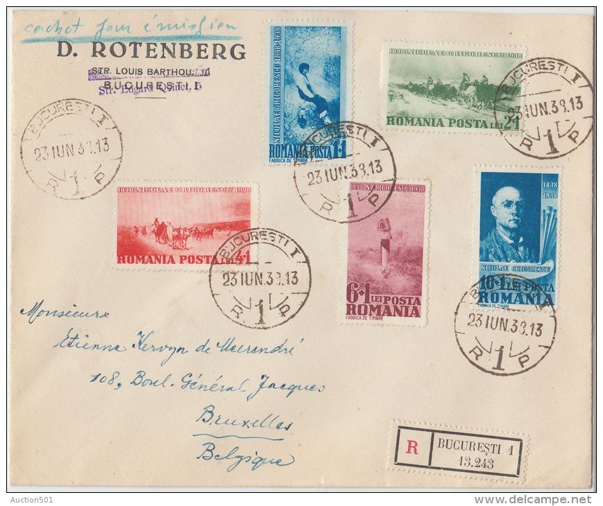 24253 Painter Grigorescu Anniversary 1938 Set On R-cover To Ixelles, Belgium - GF - Lettres & Documents