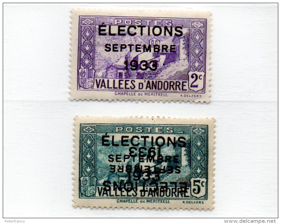B -  Andorra Fr.-  Elezioni 1933 (nuovi Senza Gomma) Il Val. Da 5 C. Ha Doppia Sovrastampa Di Cui 1 Capovolta - Unused Stamps