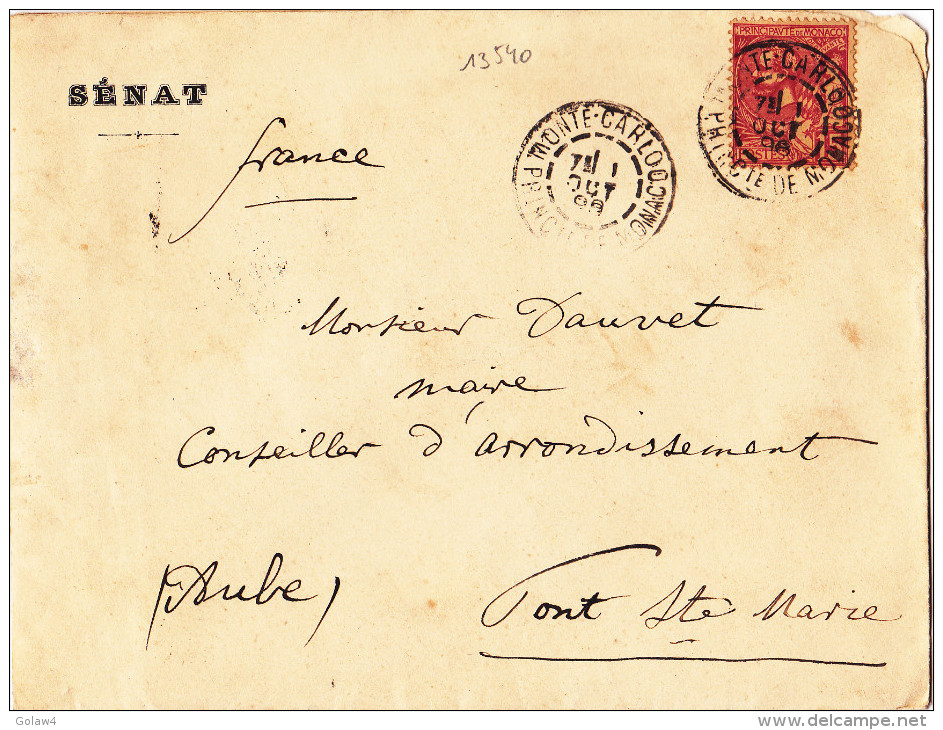 13540# MONACO 15 Cts Rose LETTRE SENAT Obl MONTE CARLO PRINCIPAUTE 1896 PONT STE MARIE AUBE - Covers & Documents