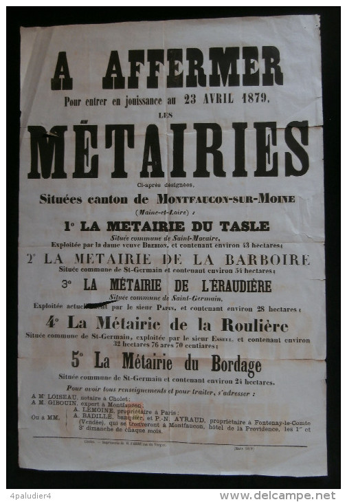 ANJOU ( Maine Et Loire ) Affiche Affermage Métairies MONTFAUCON Sur MOINE SAINT-GERMAIN  SAINT-MACAIRE En MAUGES 1879 - Affiches