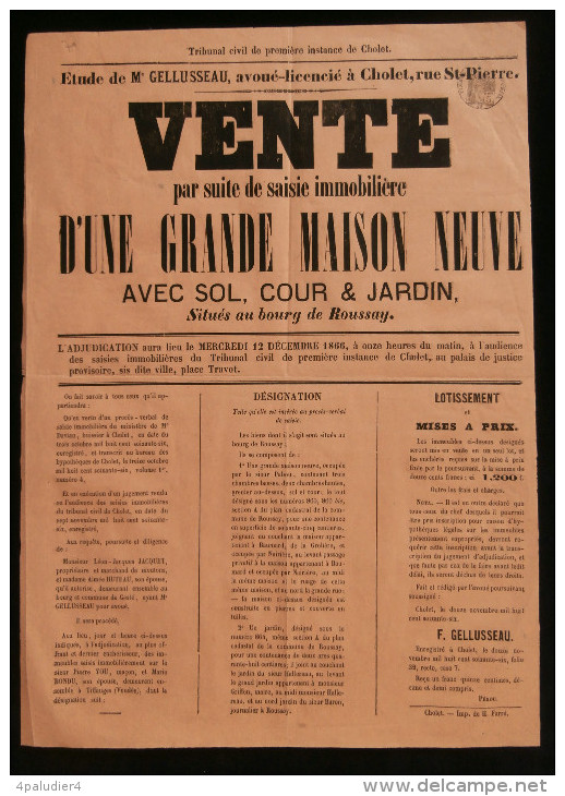 ANJOU ( Maine Et Loire ) Affiche Vente Grande Maison Neuve Bourg De ROUSSAY 1866 - Affiches