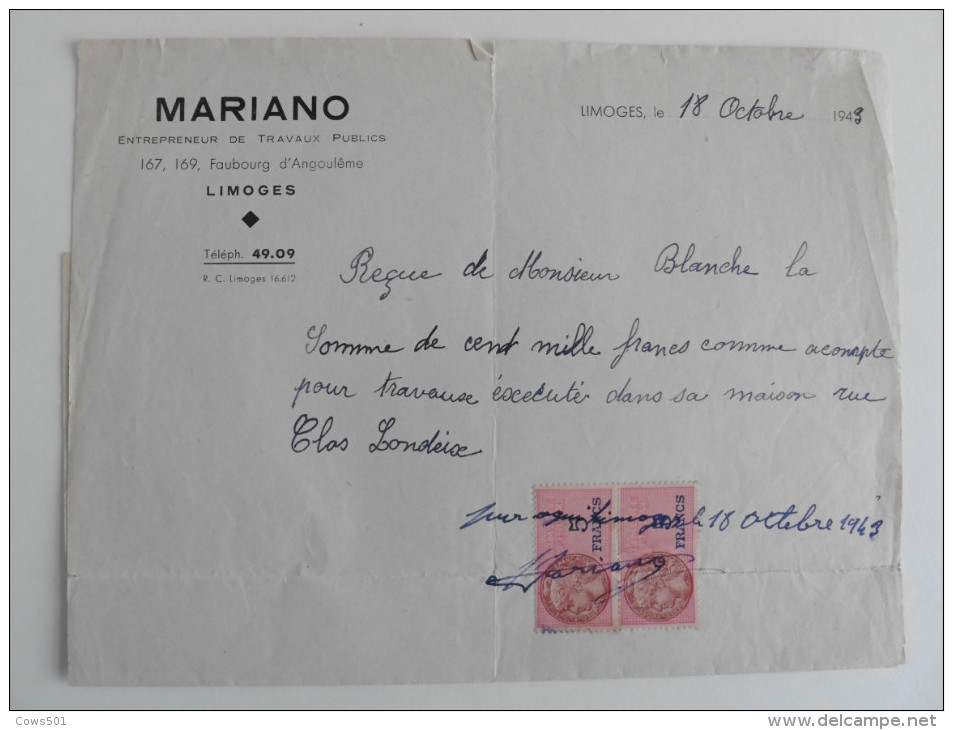 Reçu De 1943 : Entreprise MARIANO - 1900 – 1949