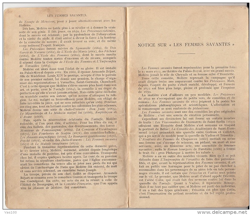 MOLIERE- LES FEMMES SAVANTES, THE LEARNED LADIES, THEATRE PLAY, 72 PAGES, PARIS 1921 EDITION, FRANCE - Autori Francesi
