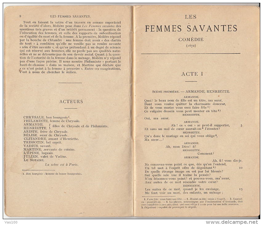 MOLIERE- LES FEMMES SAVANTES, THE LEARNED LADIES, THEATRE PLAY, 72 PAGES, PARIS 1921 EDITION, FRANCE